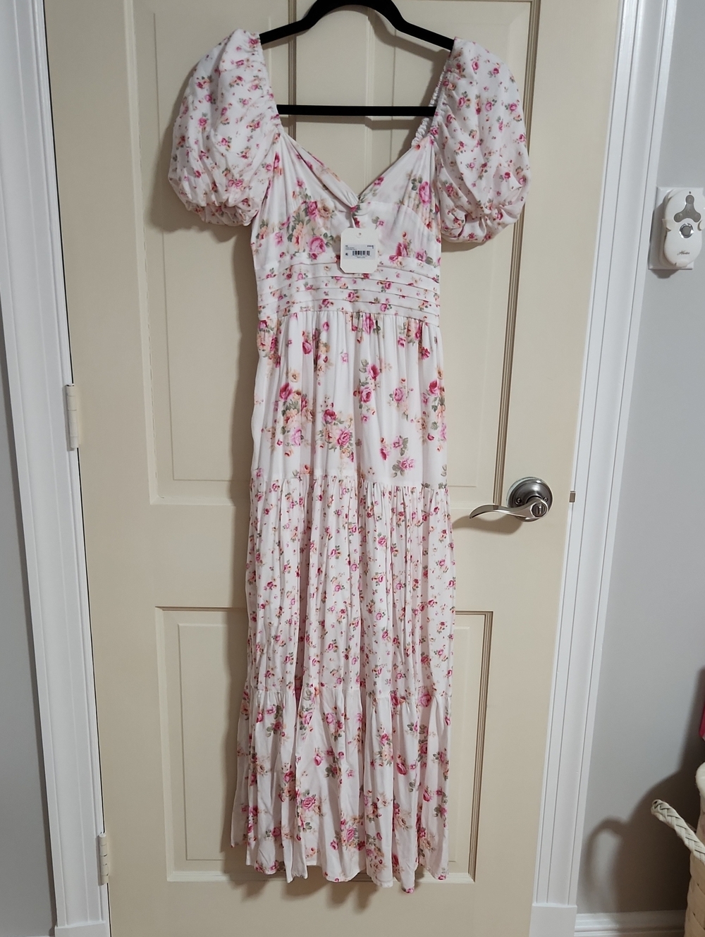 Altar'd State Floral Puff-Sleeve Maxi Dress in Ivory Pink Multi